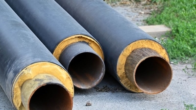 Three large insulated industrial pipes stacked outdoors on a concrete surface, used for sewer, gas, or water transportation systems.