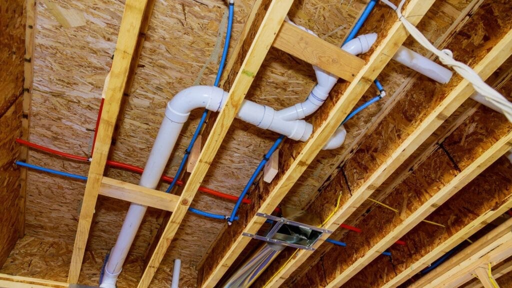 Overhead view of commercial plumbing pipes installed between wooden ceiling joists