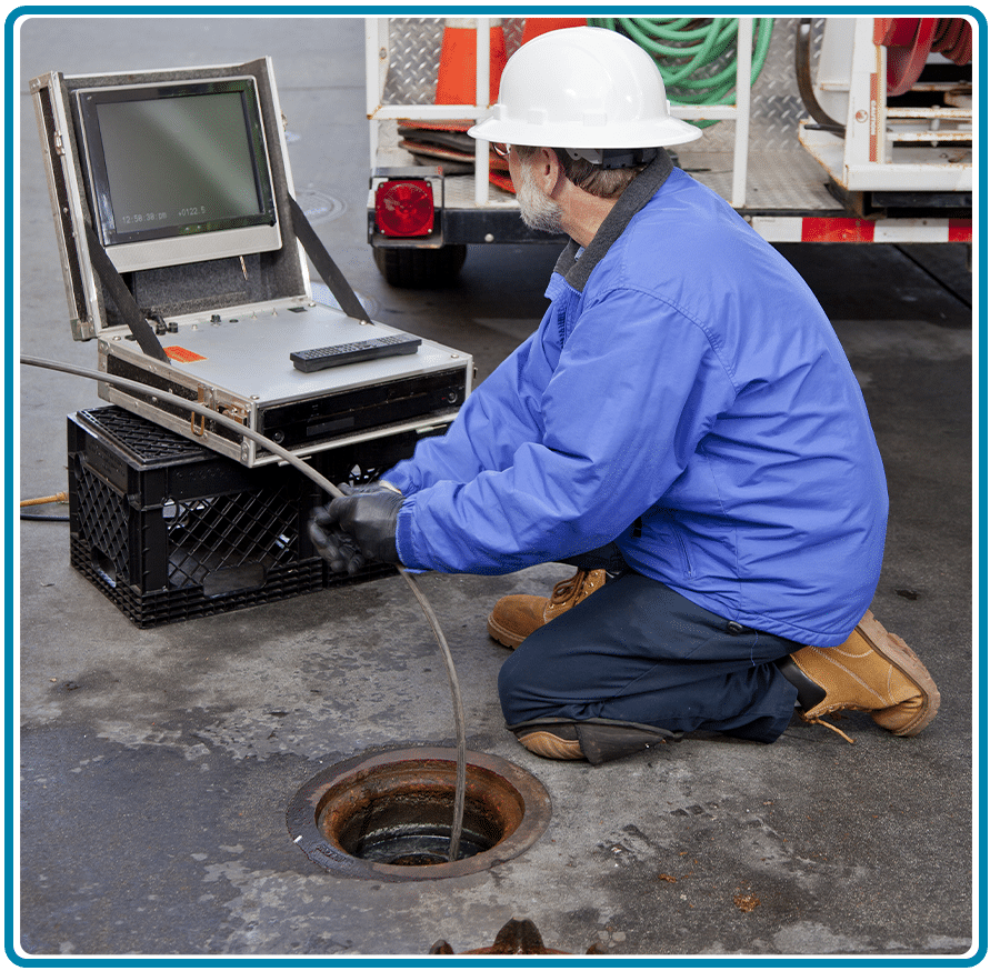 Technician using sewer inspection camera during hydro jetting service