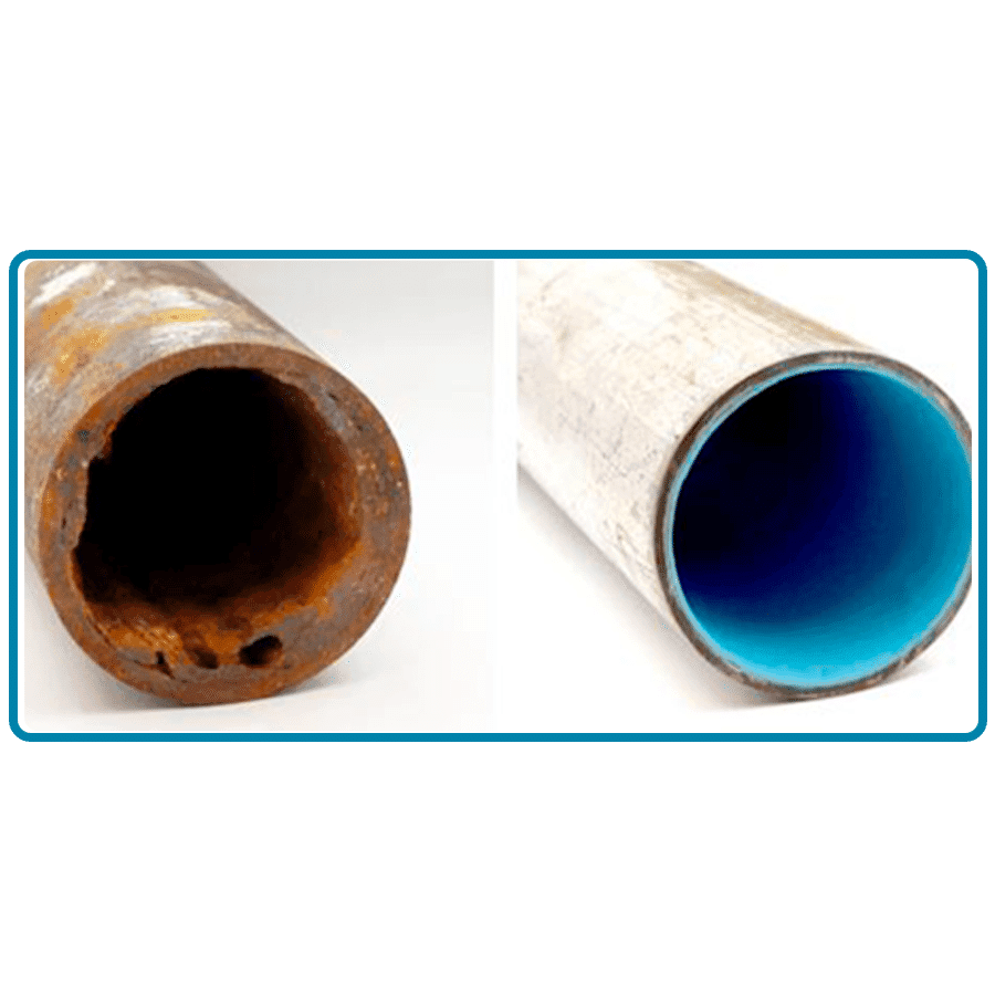 Before-and-after of corroded pipe compared to epoxy-coated pipe