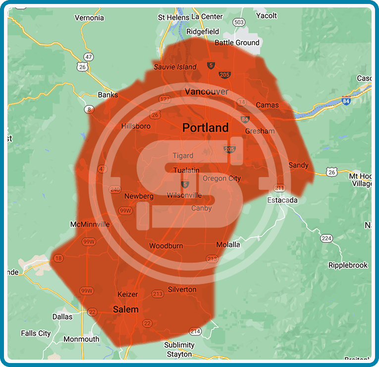 Map showing Plumbing and Sewer Renewal service areas around Portland