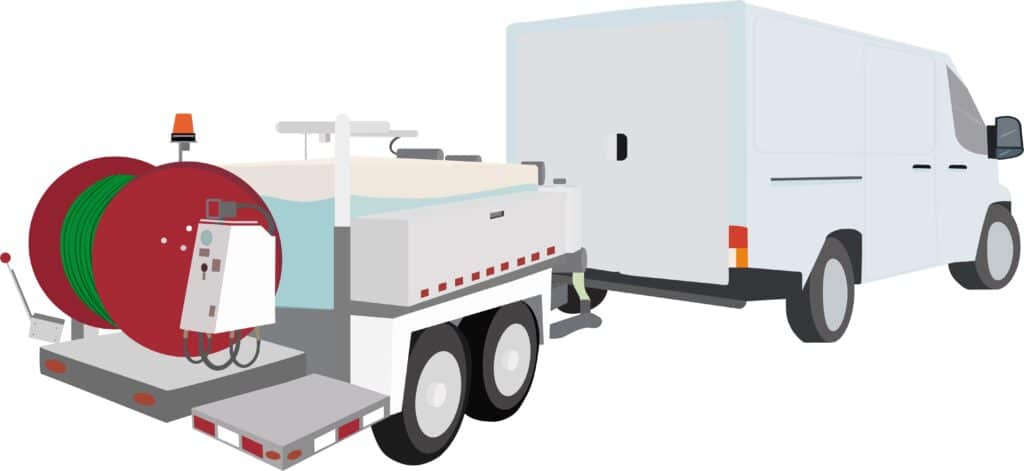 Illustration of hydro jetting trailer and service van for sewer cleaning
