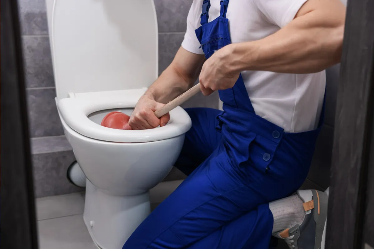 Professional plumber in blue overalls using plunger to fix clogged toilet drain in bathroom