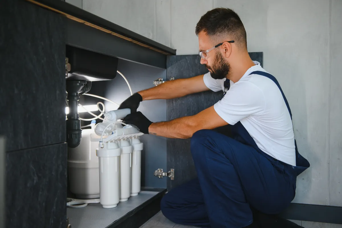 Close up of technician connecting water softener filtration system during residential installation
