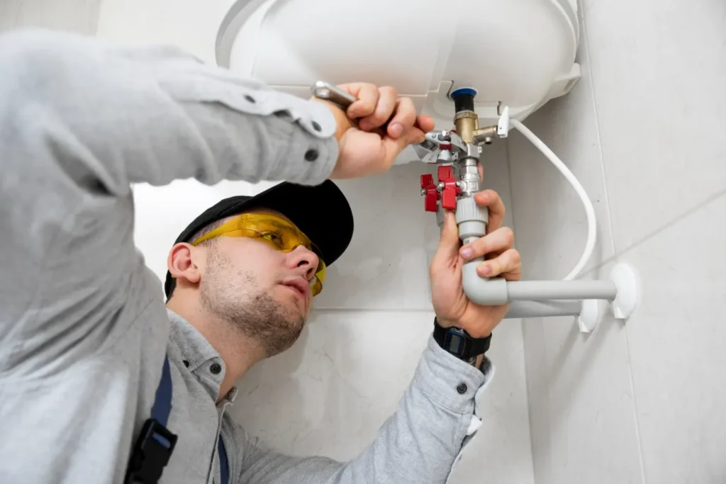 Certified plumbing technician tightening water heater connections during professional tankless water heater installation service