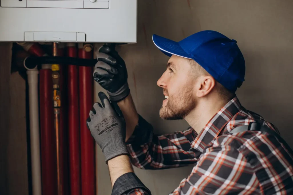 Professional plumber performing tankless water heater installation with wall-mounted unit and piping connections