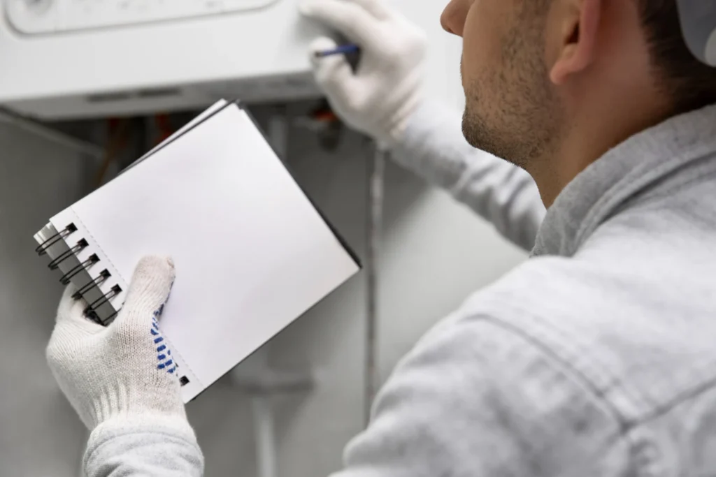 Certified technician documenting tankless water heater repair diagnostics for a Portland home