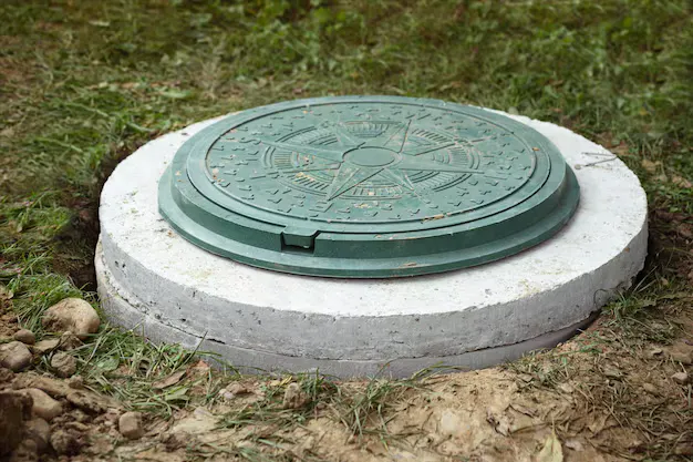 Concrete septic tank with sealed access lid ready for septic tank pumping services in Portland